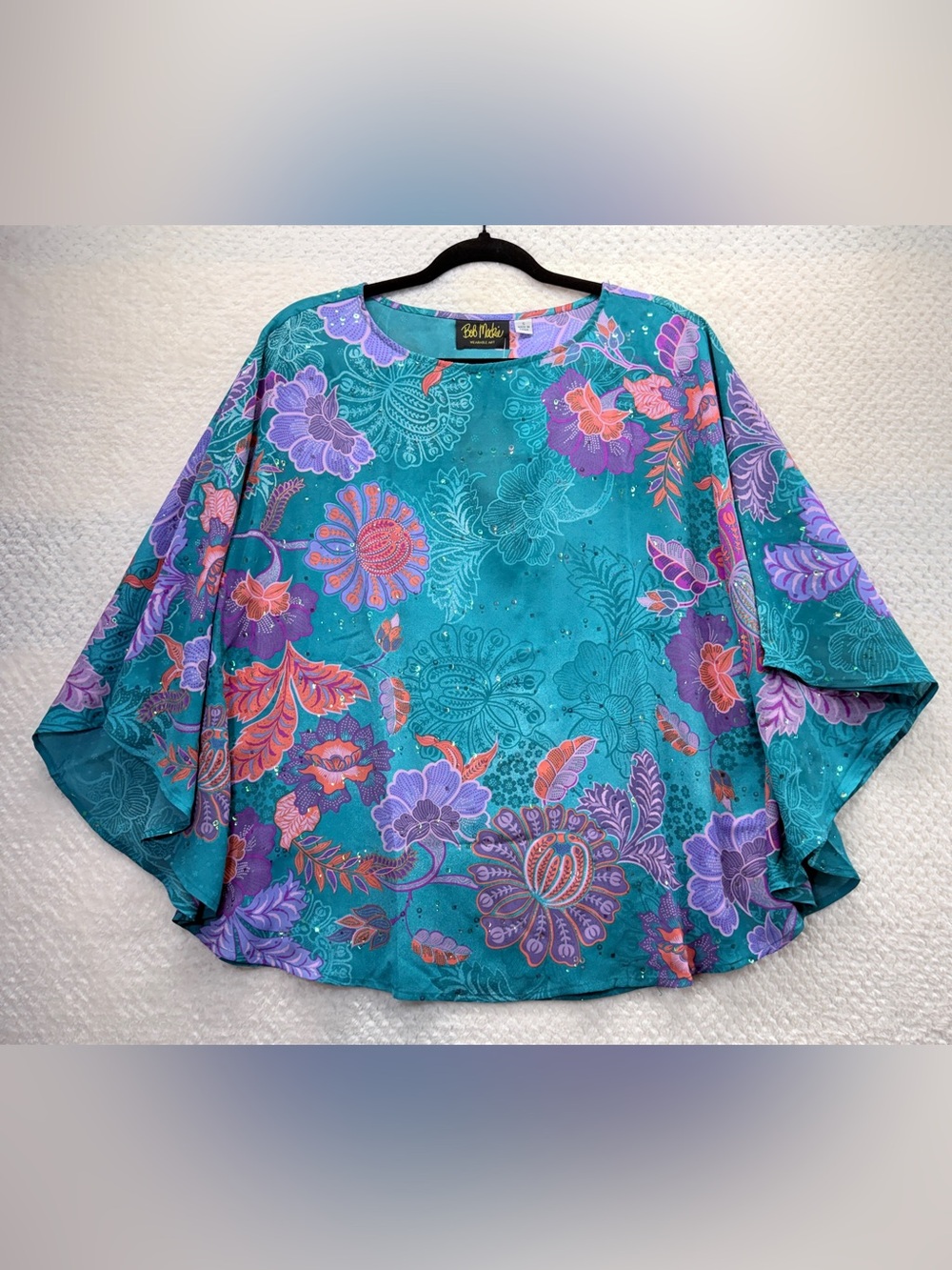 Bob Mackie Wearable Art Teal Floral Sequins Accents Poncho Lightweight